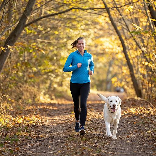 Photograph of a smiling woman in a blue long-sleeve shirt and black pants jogging with a happy white Labrador on a leaf-covered path, surrounded