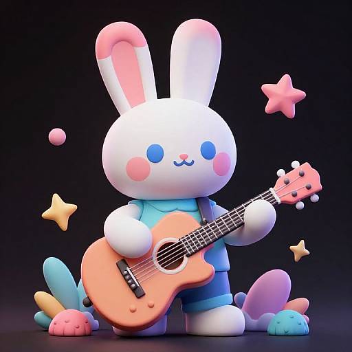 Cute, white, cartoon bunny with pink ears, blue shirt, and pink cheeks, playing a pink acoustic guitar, surrounded by colorful stars and clouds