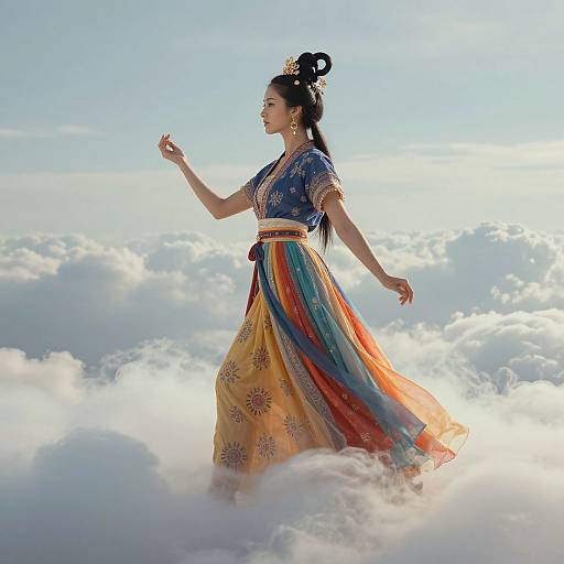 Woman in Traditional Attire Walking Amidst Clouds