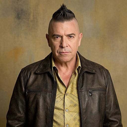 Photograph of a middle-aged man with a mohawk hairstyle, serious expression, wearing a brown leather jacket over a yellow patterned shirt, against a