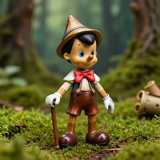 Photograph of a small, cartoon-style figurine of a boy with a brown hat, red bowtie, brown shorts, white shirt, white gloves