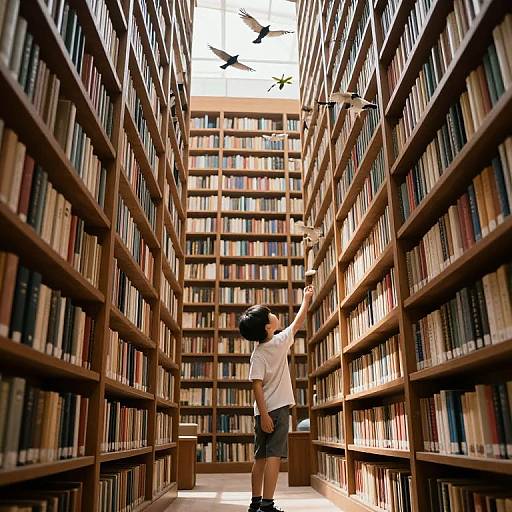 Photograph of a young woman with black hair in a bun, wearing a white shirt and gray shorts, reaching for a book in a tall, narrow