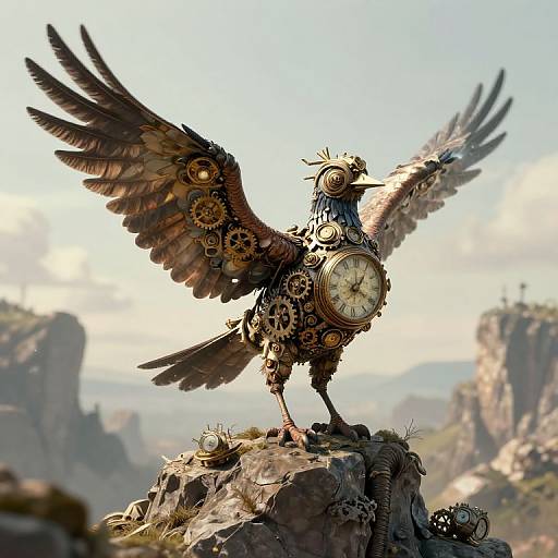Steampunk mechanical bird with gears, clock, and wings soaring on rocky cliff, surrounded by distant, cloudy mountains in a detailed digital art style.