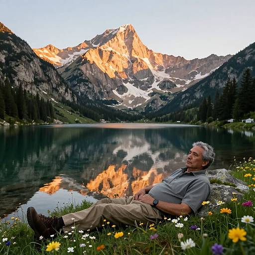Photograph of an older man with gray hair, wearing a gray shirt and beige pants, reclining by a mountain lake, reflecting sunlit peaks,