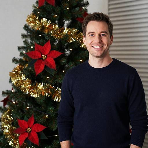 Smiling Man in Front of Christmas Tree