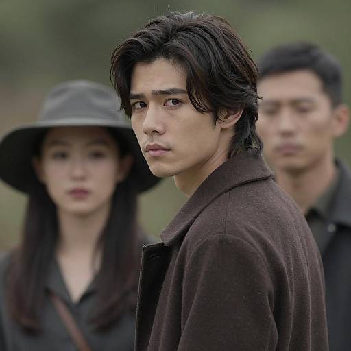 Young man in brown coat looking over shoulder