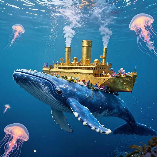 Majestic Blue Whale with Golden Steamship