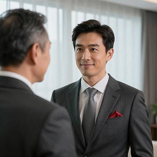 Two Asian Men in Business Suits Conversing Indoors