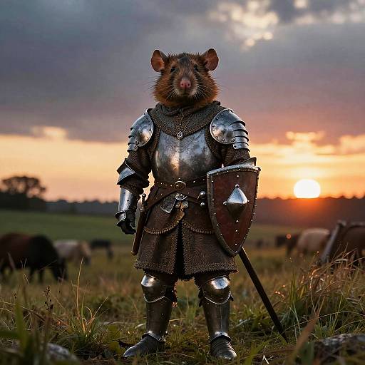Photograph of a medieval rat warrior in shiny, full steel armor with a shield, standing in a grassy field at sunset, with cows grazing in