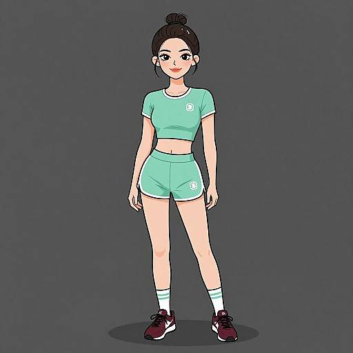 Digital drawing of a young woman with pale skin and black hair in a bun, wearing a light blue sports crop top and shorts, white socks, and