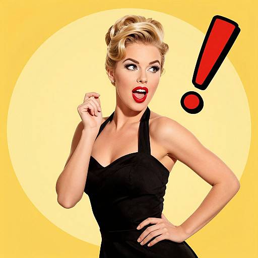 Photograph of a blonde woman with red lipstick, black halter dress, surprised expression, raised fist, large red exclamation mark, yellow circular background