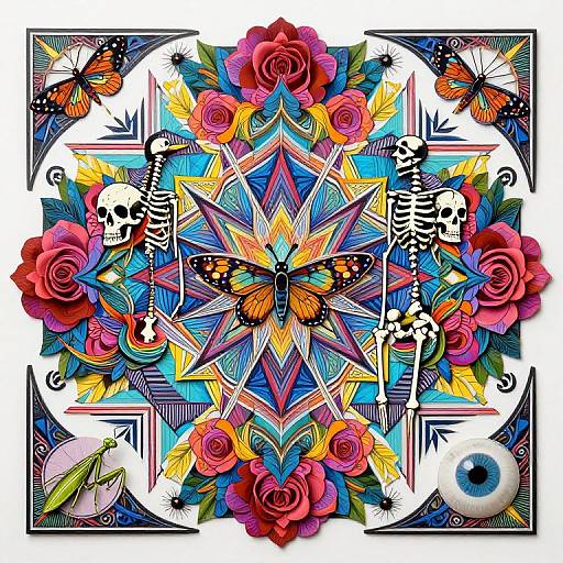 Vibrant digital artwork featuring a symmetrical starburst design with colorful roses, butterflies, skulls, and abstract patterns, framed by geometric lines.