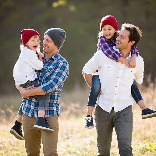 Photograph of two smiling fathers in plaid shirts, gray and blue, carrying happy toddlers in red hats and white shirts, outdoors.