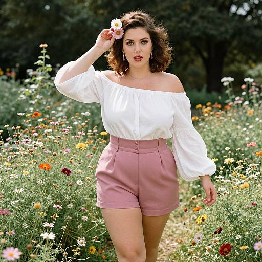 Photograph of a curvy brunette woman with fair skin, wearing an off-shoulder white blouse and pink high-waisted shorts, holding a
