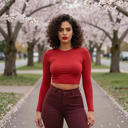 Photograph of a curly-haired woman with medium skin tone, wearing a red long-sleeve crop top and high-waisted maroon pants,