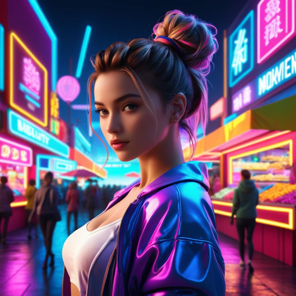 Neon-Lit Marketplace with Stylish Model