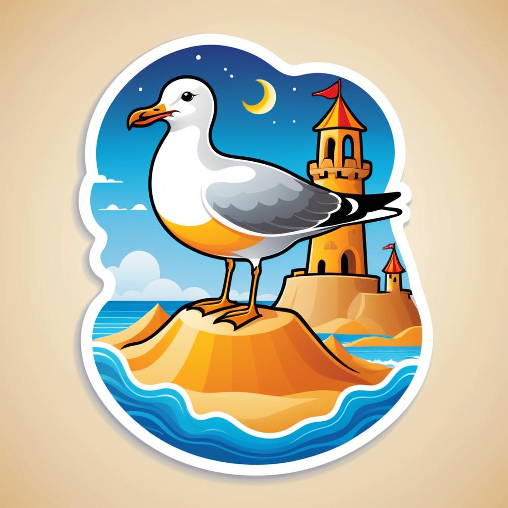 Playful Seagull Sticker with Sandcastle