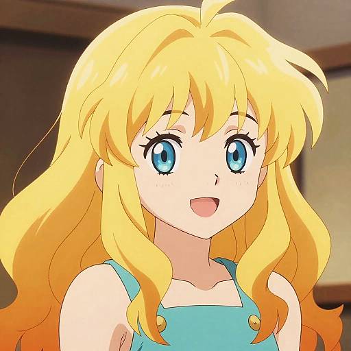 Anime-style digital drawing of a blonde-haired girl with large blue eyes, wearing a blue sleeveless top, smiling warmly. Bright colors, soft shading.