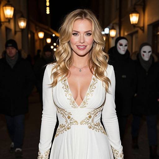 Photograph of a blonde woman with wavy hair in a low-cut, white, long-sleeve dress with gold embroidery, smiling in a dim