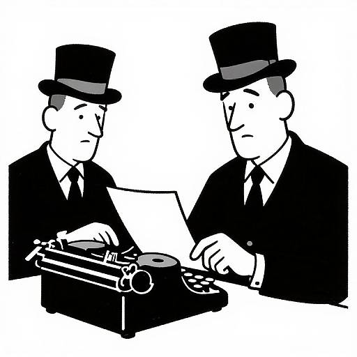 Black and white cartoon of two men in top hats and suits, one typing on an old typewriter, the other reading a paper.
