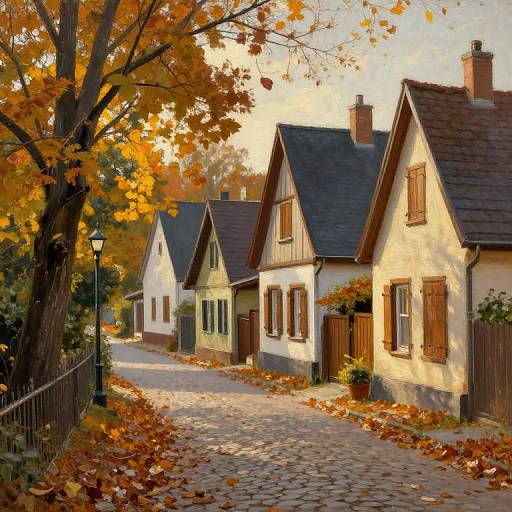 Photograph of a quaint, cobblestone street lined with charming, white and green cottages with brown roofs, surrounded by vibrant autumn leaves and a