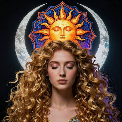 Digital art of a serene woman with long curly blonde hair, eyes closed, under a glowing sun and crescent moon against a black background.