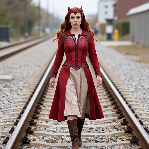Digital artwork of a red-haired woman with cat ears, wearing a red corset and beige skirt, standing on railroad tracks.