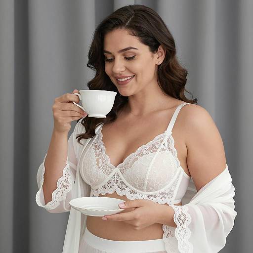 Elegant Woman in Lace with Teacup