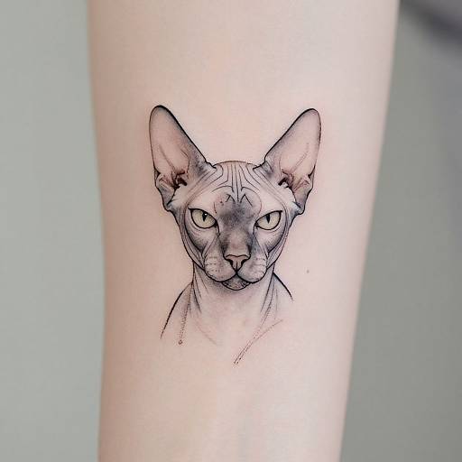 Realistic black ink tattoo of a Sphynx cat with large ears and piercing eyes on pale skin, centered on a vertical arm.