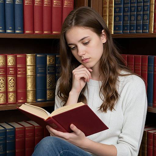 Photograph of a young woman with long brown hair, wearing a white sweater, reading a book in a library with colorful, leather-bound books on wooden