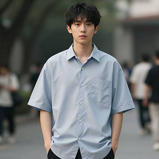 Photograph of an Asian teenage boy with black hair, wearing a light blue short-sleeve button-up shirt, standing in a blurred urban street background