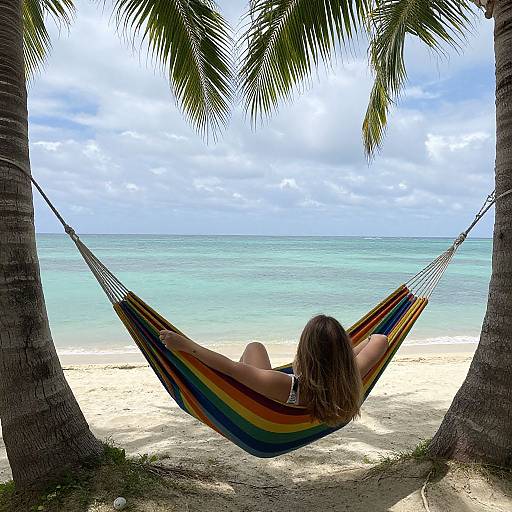 Photograph of a woman with long brown hair, wearing a white bikini, relaxing in a colorful rainbow hammock between two palm trees, overlooking a tranquil