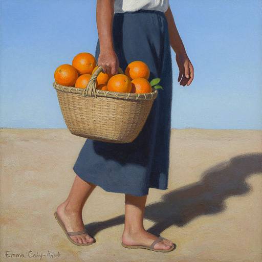 Photograph of a person with dark skin, wearing a white top and navy skirt, holding a woven basket of bright orange oranges, standing barefoot on