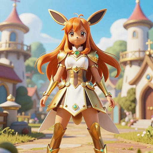 Digital anime-style drawing of a cute, orange-haired girl with large ears, wearing a gold and white armored outfit, standing confidently in a sunny, castle