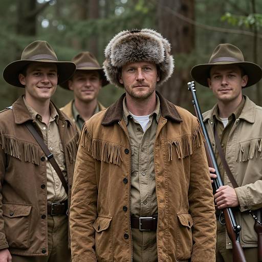 Group of Men in Forest with Vintage Hunting Attire