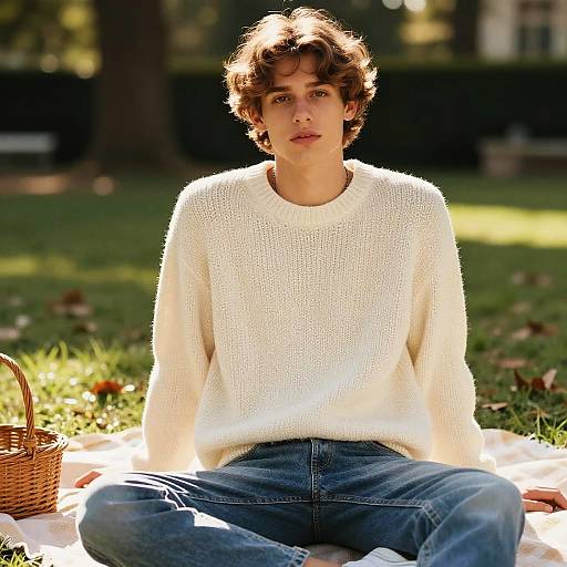 Young Man with Gibson Tuck Hairstyle in Picnic Garden