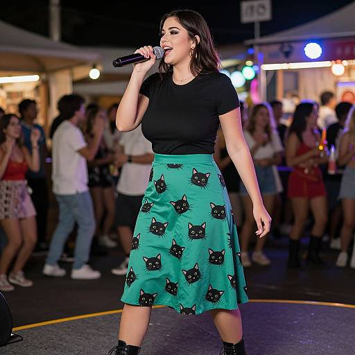 Photograph of a brunette woman singing on stage at night, wearing a black top and green skirt with black cat prints, holding a microphone, surrounded by