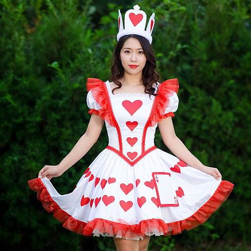 Asian woman in white nurse costume with red hearts, puffed sleeves, and crown, holding skirt, standing against green foliage. Photograph.