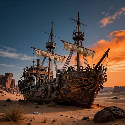 Photorealistic digital artwork: ornate, black wooden pirate ship with billowing sails, detailed carvings, and two masts, set against