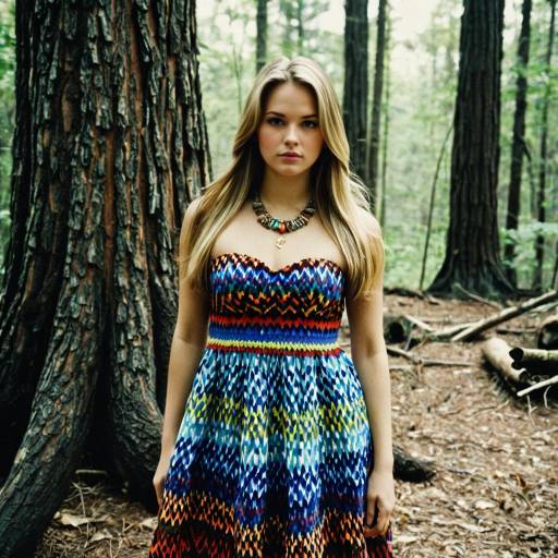 Woman in Multicolored Dress in Forest