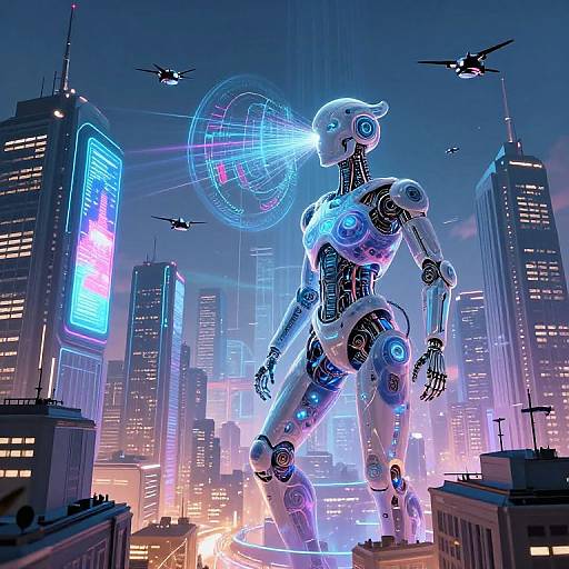 Giant glowing cybernetic woman with neon blue eyes and circuits, standing in futuristic cityscape at night, surrounded by flying drones.