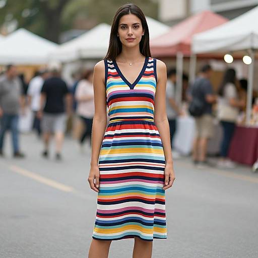 Photograph of a slender, dark-haired woman in a colorful, striped sleeveless dress standing on a bustling street with market stalls.