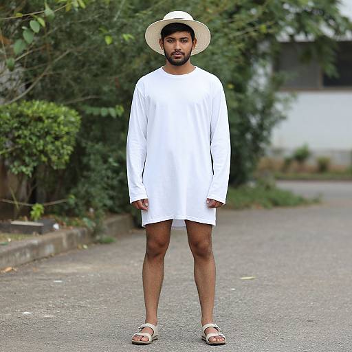 Photograph of a bearded man with medium skin tone, wearing a white long-sleeve shirt, white hat, and sandals, standing on a