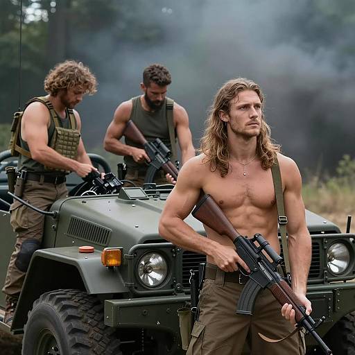 Muscular Men with Military Vehicle in Forest