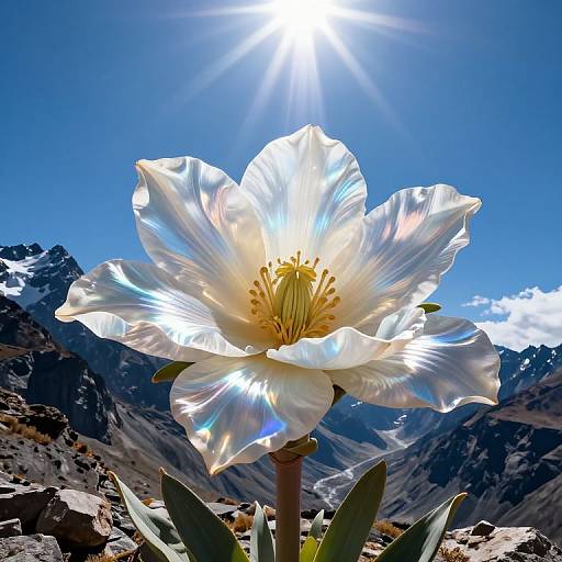 Photograph of a radiant white alpine flower with iridescent petals, centered against a bright sunlit, blue sky and rugged mountain backdrop.
