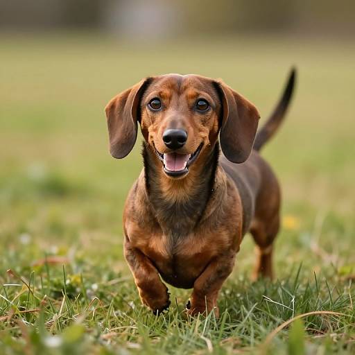Photograph of a happy, brown dachshund with floppy ears standing on green grass, mouth open in a joyful smile. Blurred background suggests