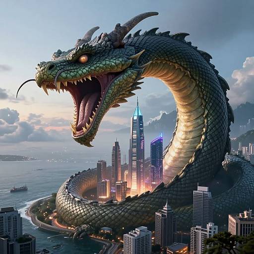 Digital artwork of a massive, dragon coiling around a cityscape with skyscrapers, open mouth roaring, glowing eyes, dark scales, and illuminated