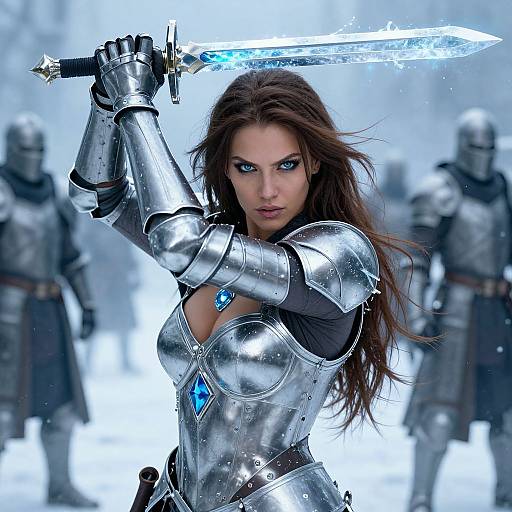 Photorealistic digital artwork of a fierce, blue-eyed brunette warrior woman in silver armor, wielding a glowing sword, with armored men in the snowy background