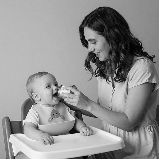 Black-and-White Mother Feeding Smiling Baby