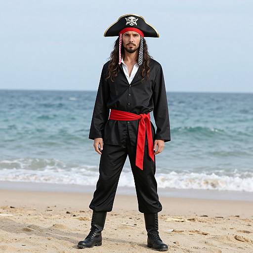 Photograph of a bearded man with long hair, wearing a black pirate costume, red sash, and tricorn hat, standing on a sandy